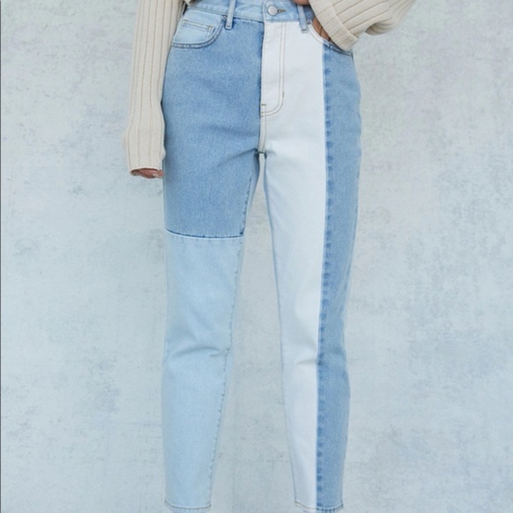 PacSun Blue and White Patchwork Mom Jeans